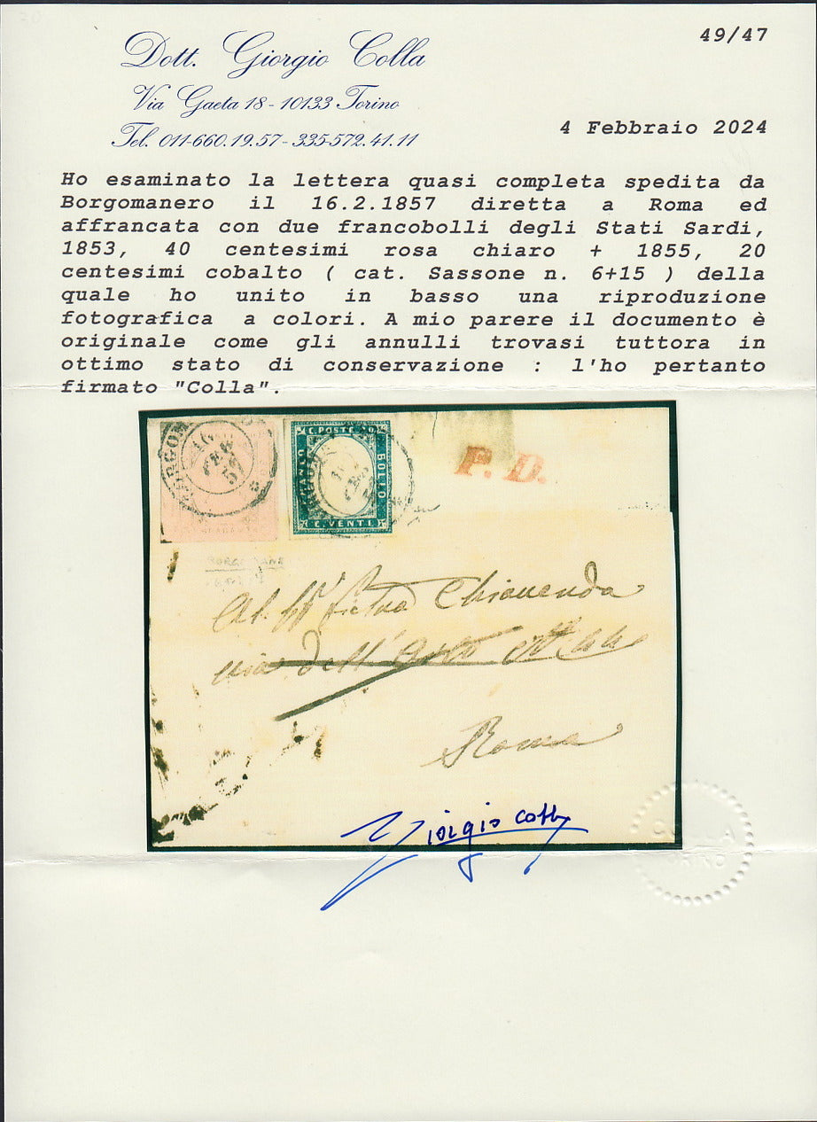 ES2512_18 - 1857 - II emissione c.40 rosa chiaro + IV emissione c.15 cobalto su lettera da Borgomanero per Roma 16/2/57 (6 + 15)