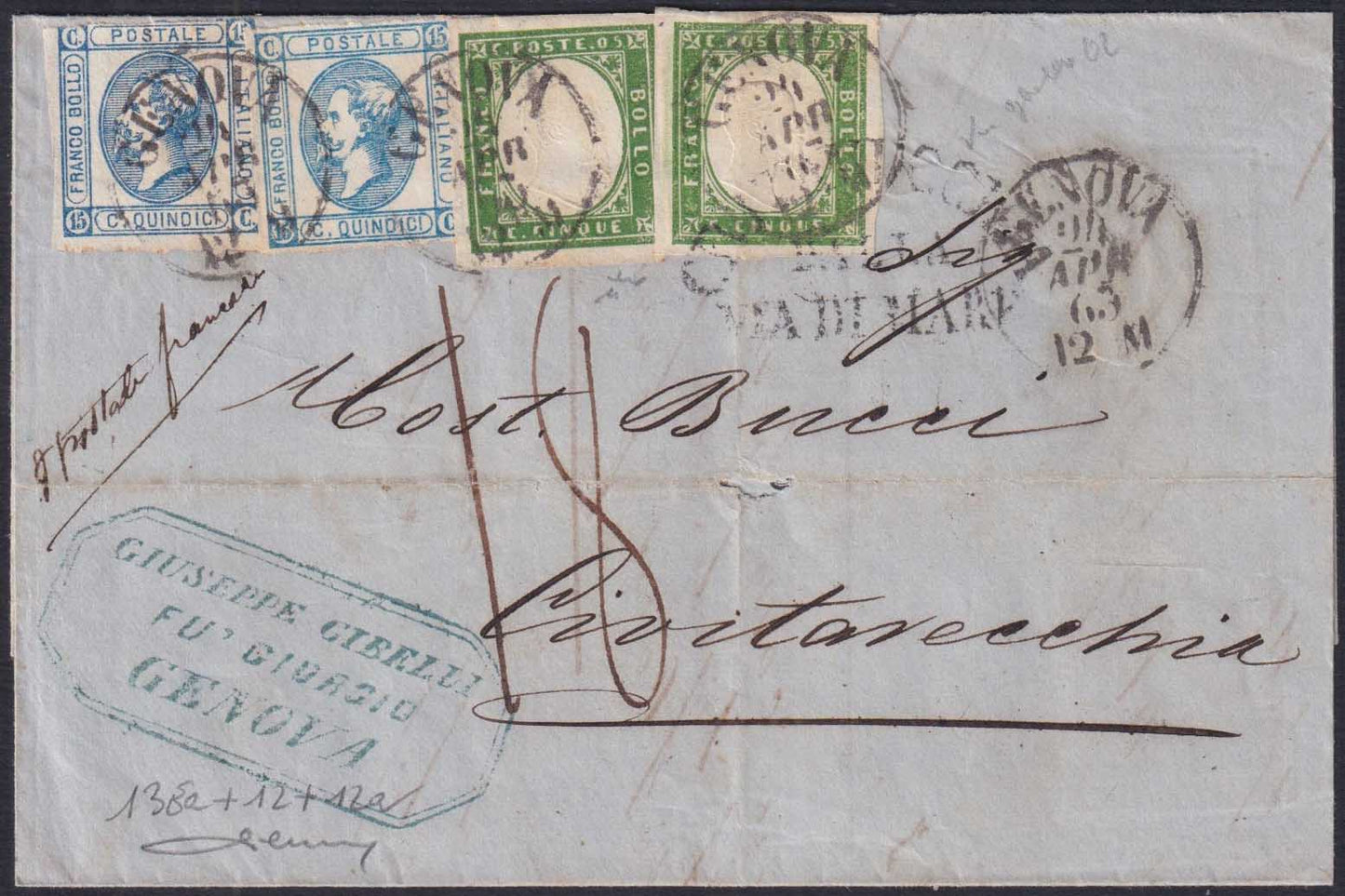 ES2512-7 -1863 - Lettera spedita da Genova per Civitavecchia 24/4/63 affrancata con c. 5 verde x 2 + c. 15 azzurro litografico del I tipo x 2 (13Ea+12 + 12a))