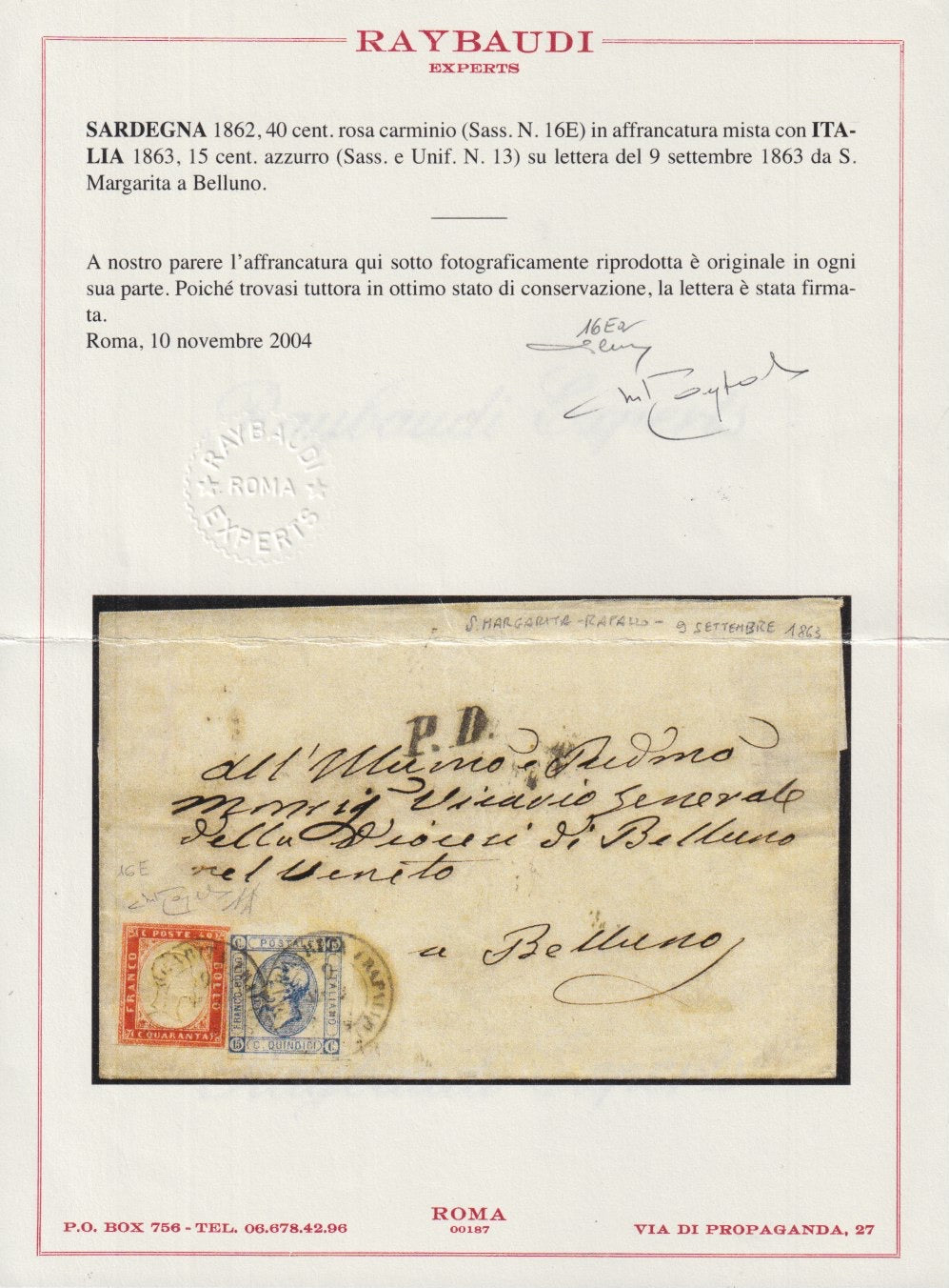 ES2512-8 -1863 - Lettera spedita da S. Margherita Rapallo per Belluno 9/9/63 affrancata con sardegna c. 40 rosa carminio lillaceo + Regno c. 15 azzurro (16Eb + 13)