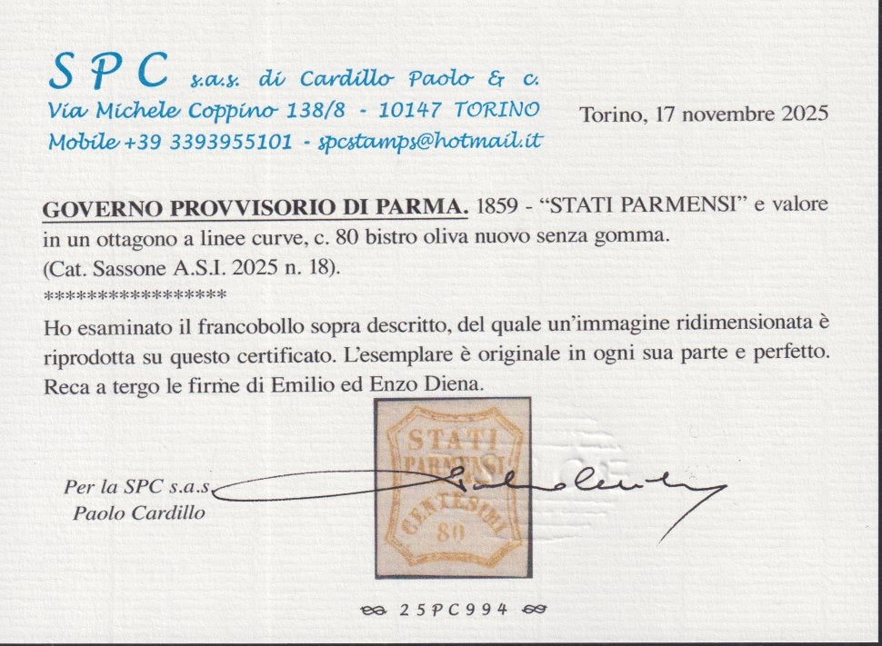 1859 - STATES OF PARME and value in an octagon with curved lines, c. 10 new brown with intact rubber (14).
