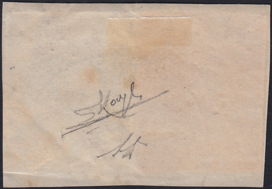 ES2585_9 - 1855 - I emissione c. 5 giallo verdino + II emissione bruno rosso su frammento PIACENZA (1b+8)