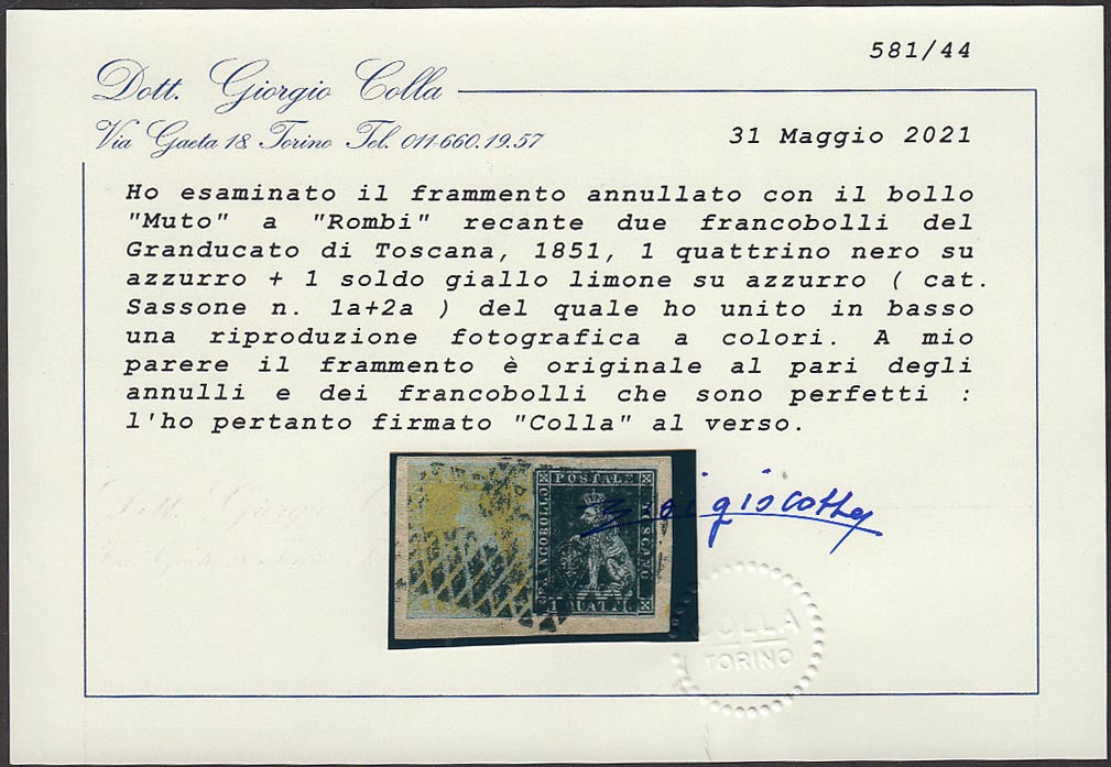 F10_69 - 1851 - I emissione frammento affrancato con 1 quattrino nero + 1 soldo giallo limone entrambi su carta azzurra e filigrana corona. (1a + 2a).