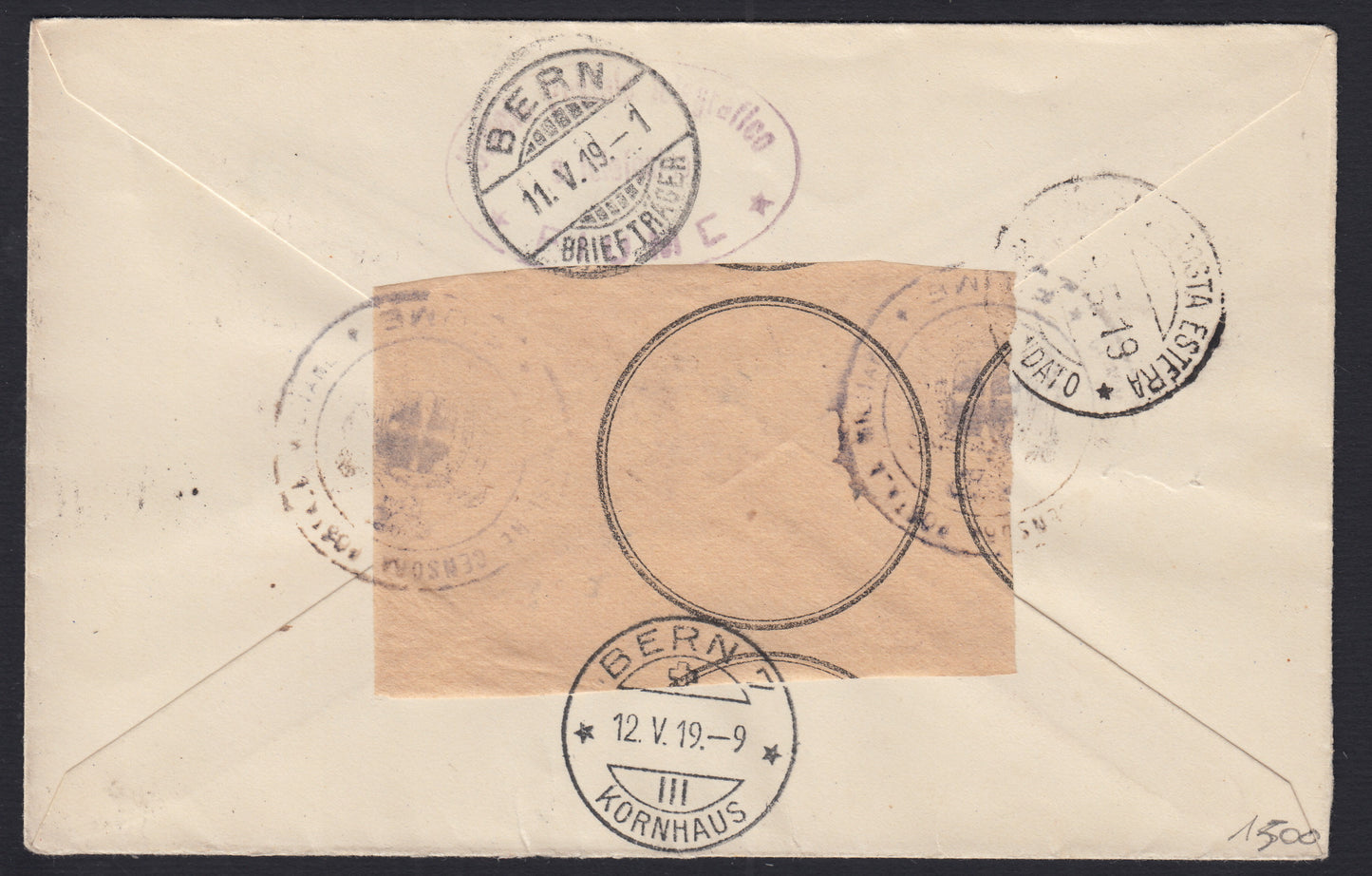 312 - 1920 - Lettera affrancata con c. 10 carinio su carta A + 1 corona arancio con dentellatura spostata + c. 2 cobalto non dentellato a destra (C32g + C35 + C44ke).