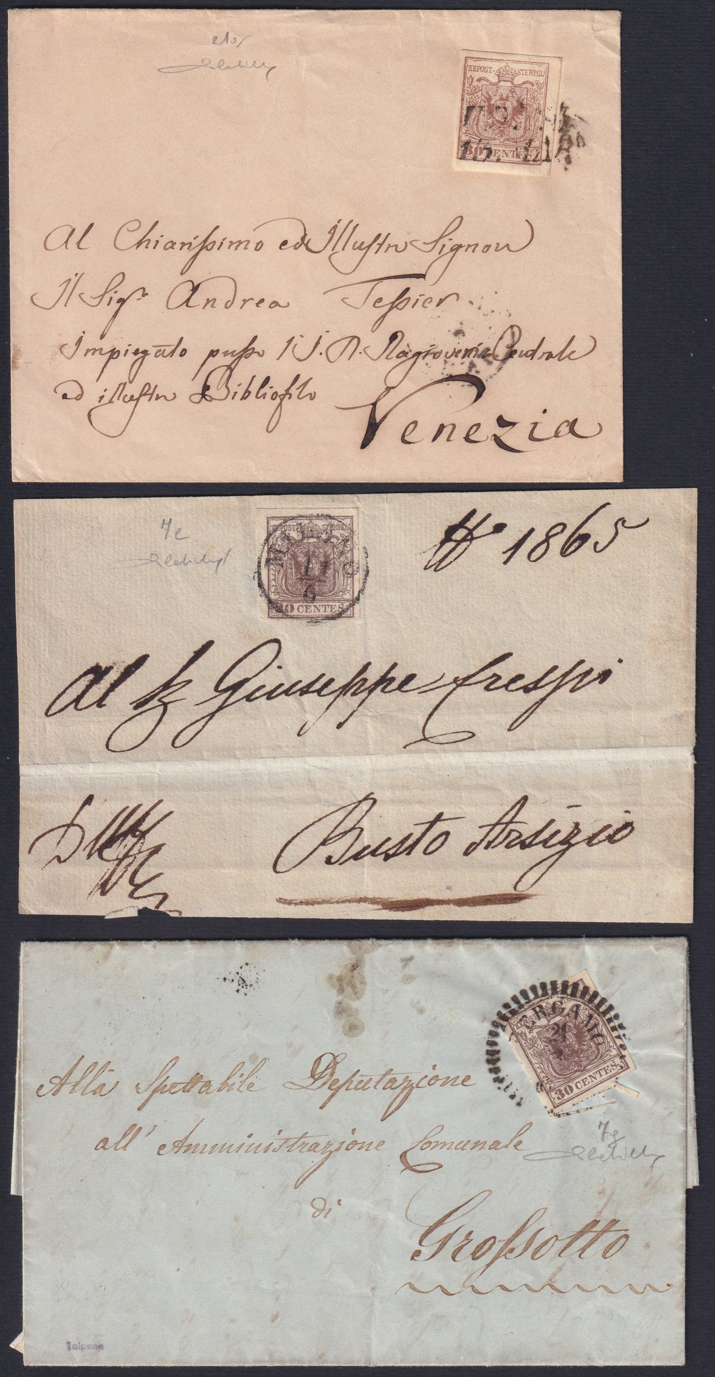 F13_1 - 1850 Insieme di tre lettere affrancate con c. 30 bruno isolato (7e, 7g, 21a)