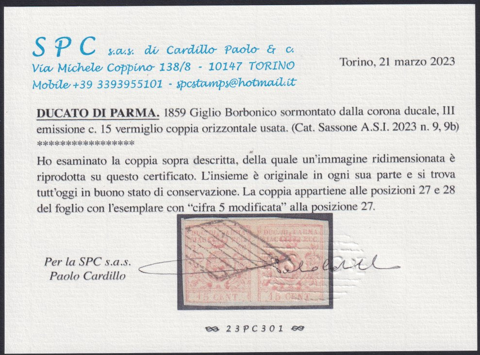 1852 - 1st issue c. 25 new violet without gum, extremely rare (4). Cardillo certificate.