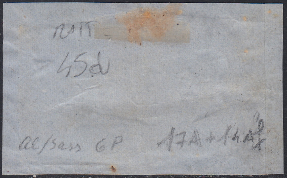 SARD526 - 1859 - Frammento affrancato con IV emissione c. 10 bruno cioccolato scuro I tavola + c. 80 giallo ocra pallido, usati con il linare in cartella di Milano (14Af + 17A).