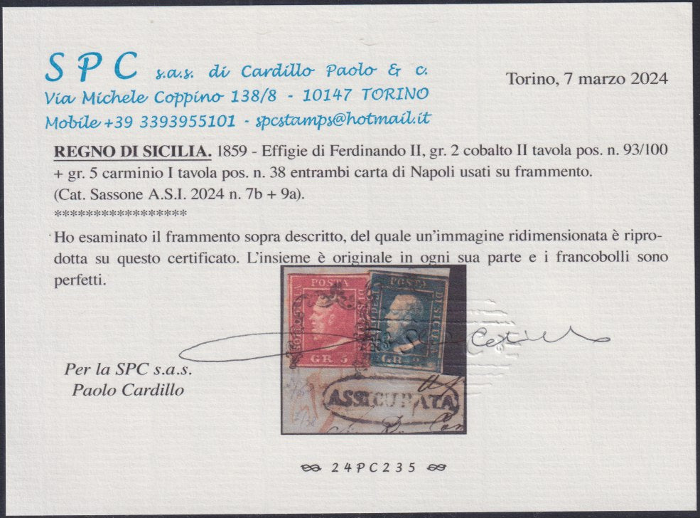 SIC38 - 1859 - 5 grana carminio I tavola + 2 grana cobalto II tavola entrambi carta di Napoli, su frammento con impronta ASSICURATA in ovale in basso. (7b + 9a).
