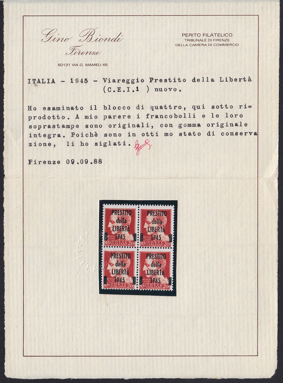LT4 -1945 - Emissione Imperiale, c. 20 Giulio Cesare carminio blocco di quattro esemplari soprastampati "Prestito della Libertà 1945" nuova con gomma integra, rara! (C.E.I.1)