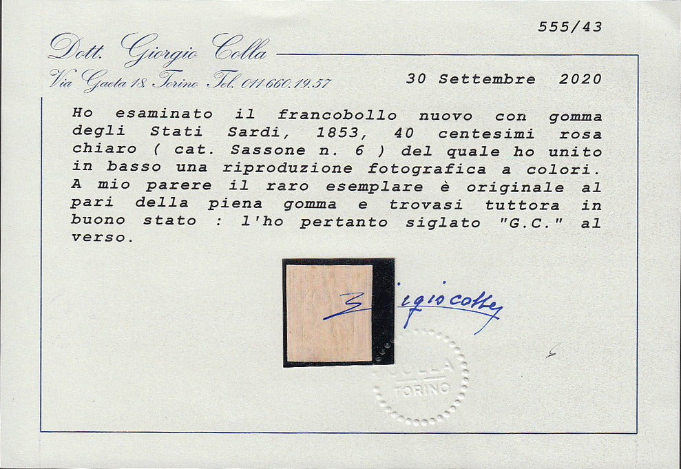 1853 - II issue c. 40 light pink used with TURIN postmark, no hidden defects. (6).