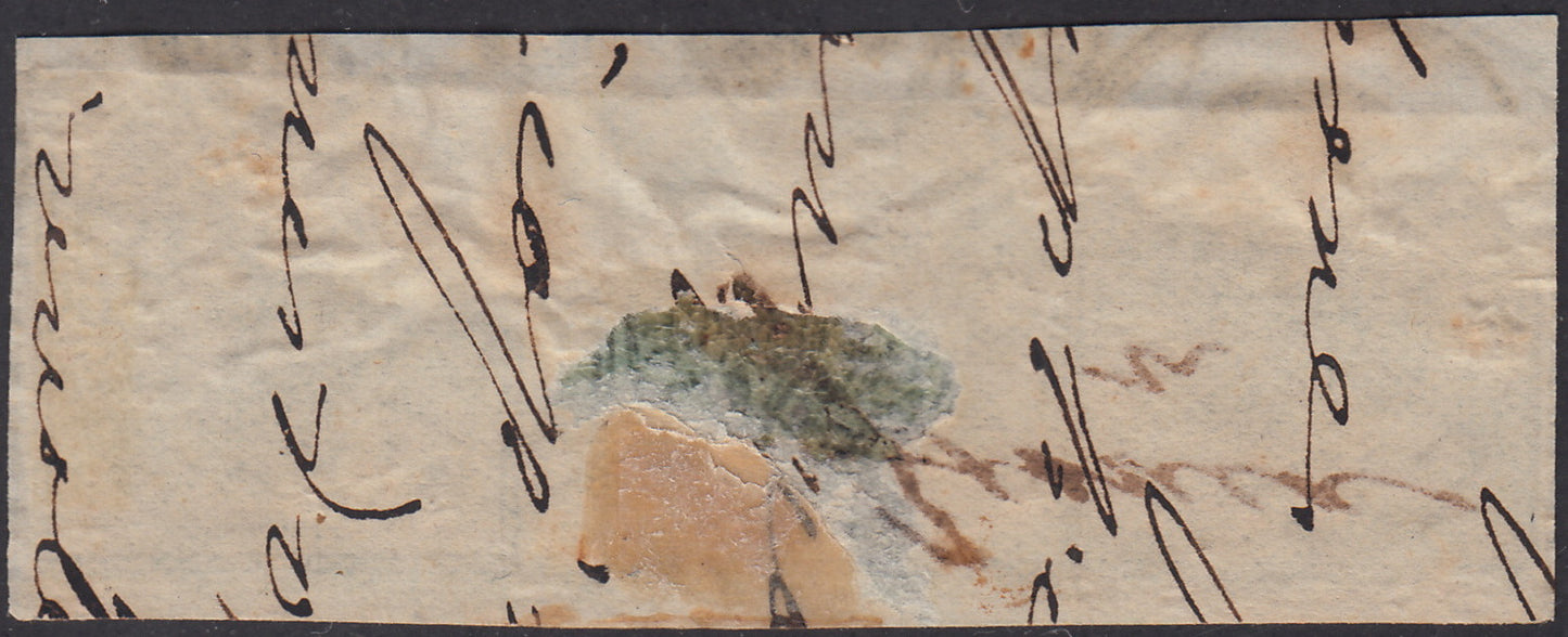 PV364 - 1852 - I emissione frammento affrancato con 1 baj grigio verde striscia di tre esemplari con presente un interspazio orizzontale di gruppo e sul lato destro parte dell'interspazio verticale, molto raro. (2)