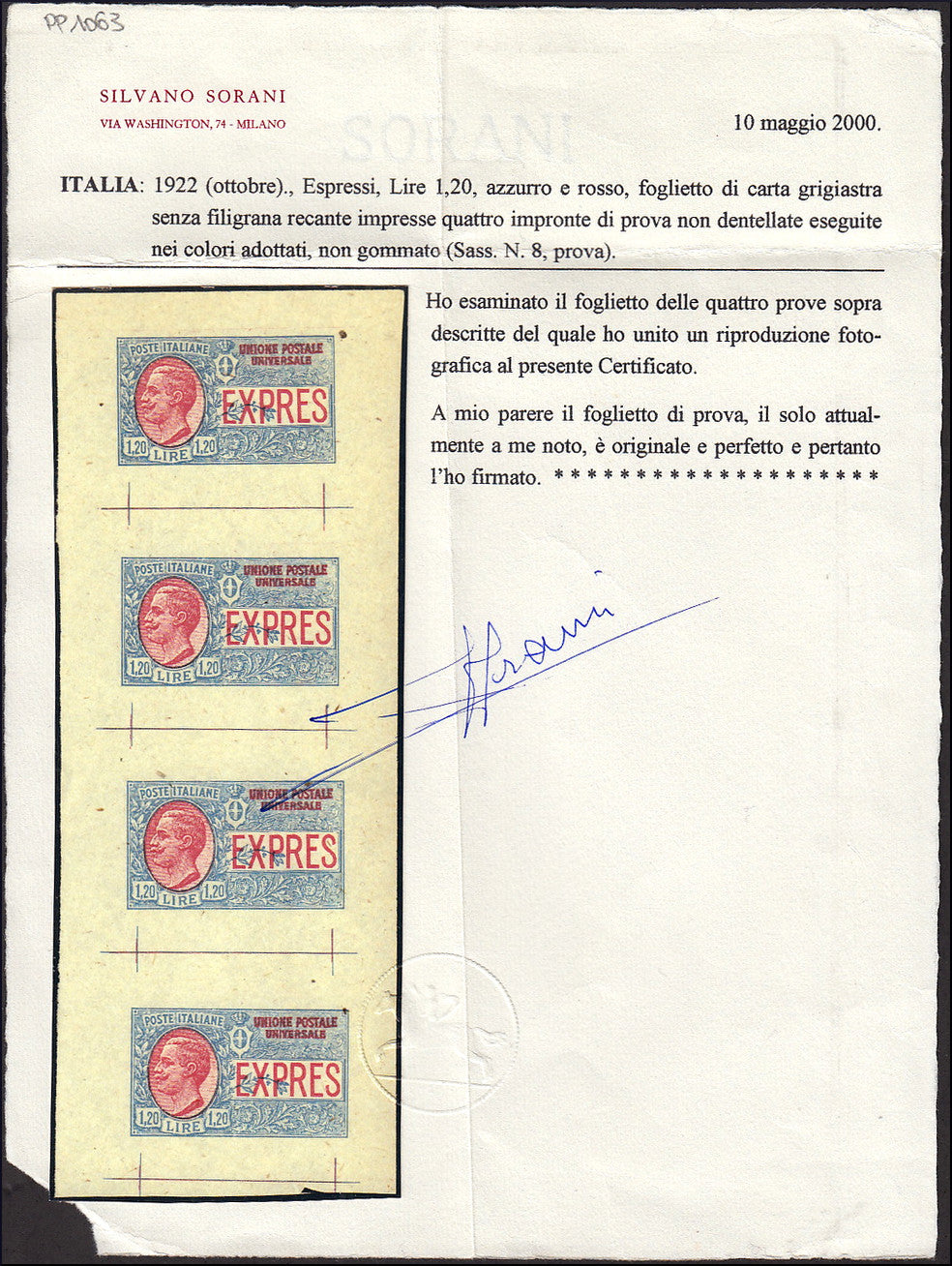 PP1064 - 1922 - L. 1,20 azzurro e rosso, foglietto di prova su carta grigiasta e senza filigrana, (E8, prova).