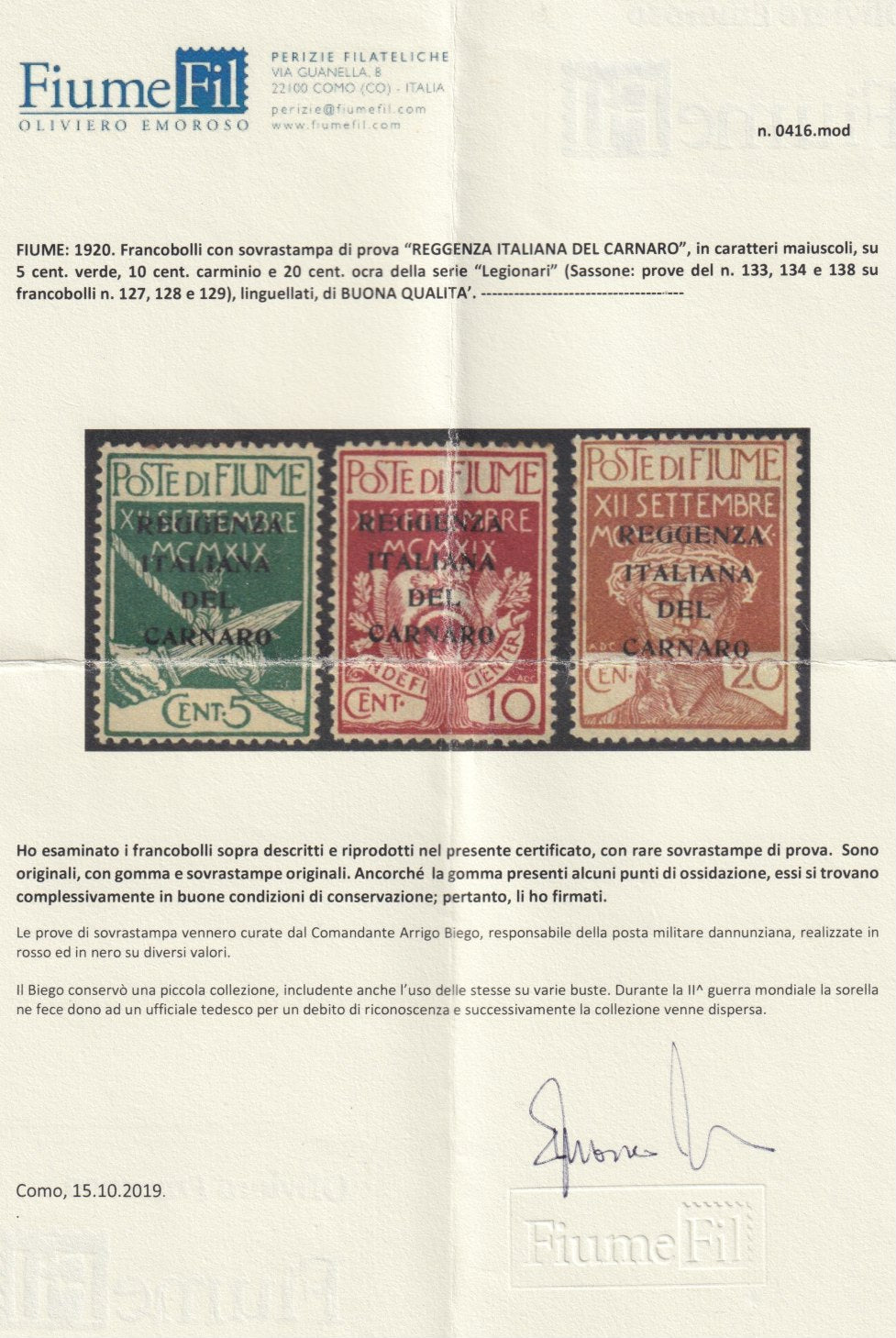 F6_205 - 1920 - Legionari di Fiume con soprastampa REGGENZA ITALIANA DEL CARNARO di prova, c. 20 ocra nuovo con gomma originale (P128)