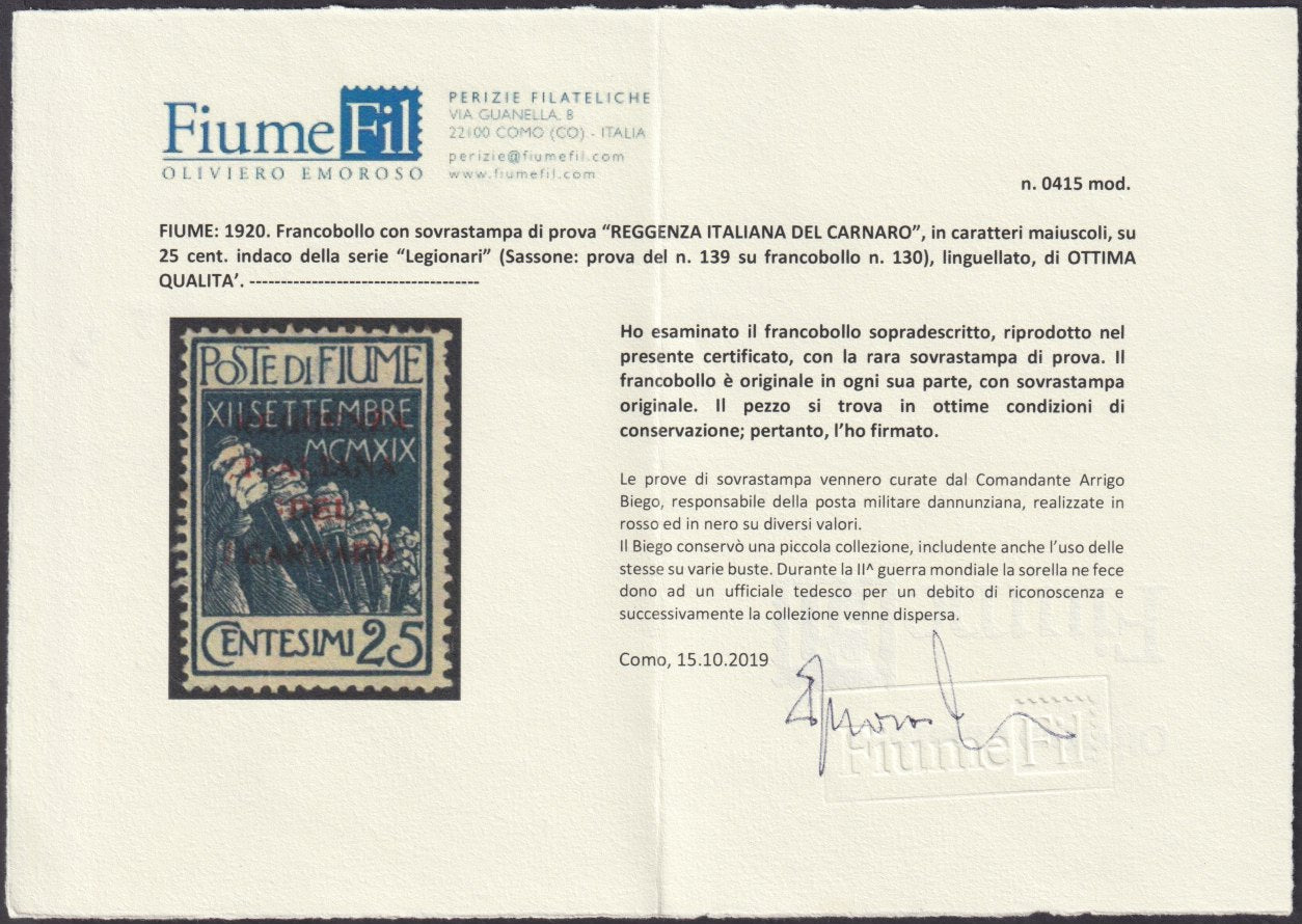 V137 - 1920 - Legionaries of Fiume with overprint REGGENZA ITALIANA DEL CARNARO trial, c. 5 new green with original tire (P133)