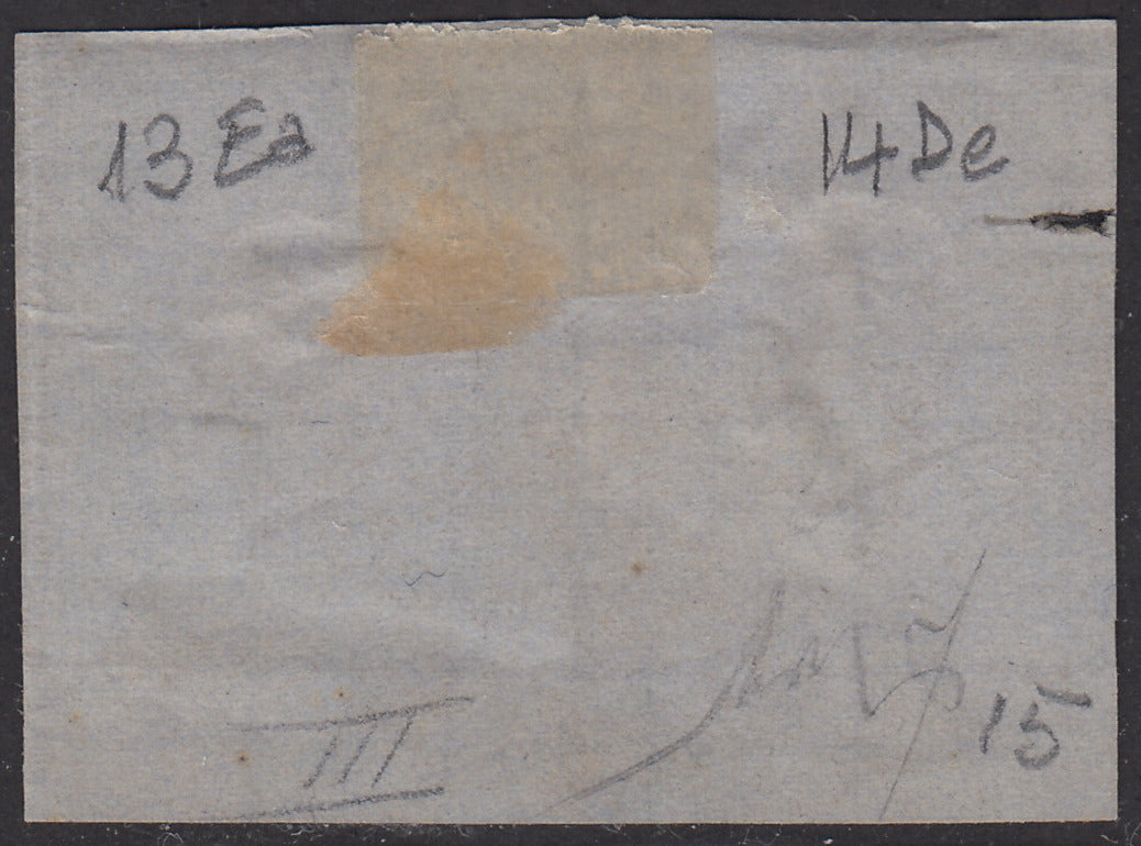 FF284 - 1863 - Frammento affrancato con c. 5 verde IV composizione + c. 10 bistro II tavola, usati con il c.s. con rosetta di PALLANZA 23/10/63 (13Ea + 14E).