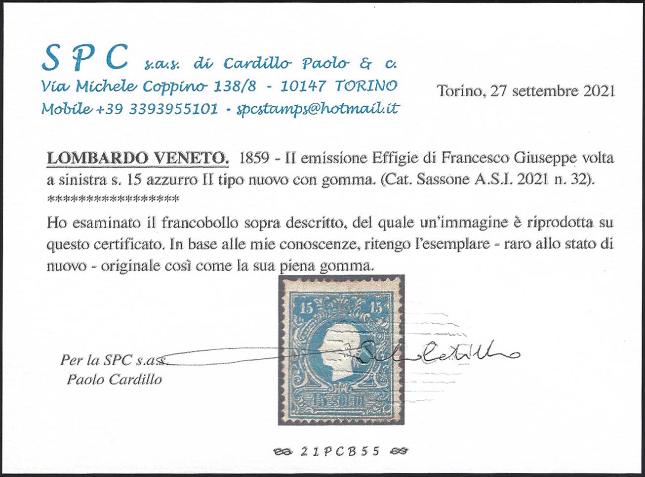 PV8 - 1859 - II emissione II tipo s. 15 azzurro nuovo con piena gomma originale, (32).