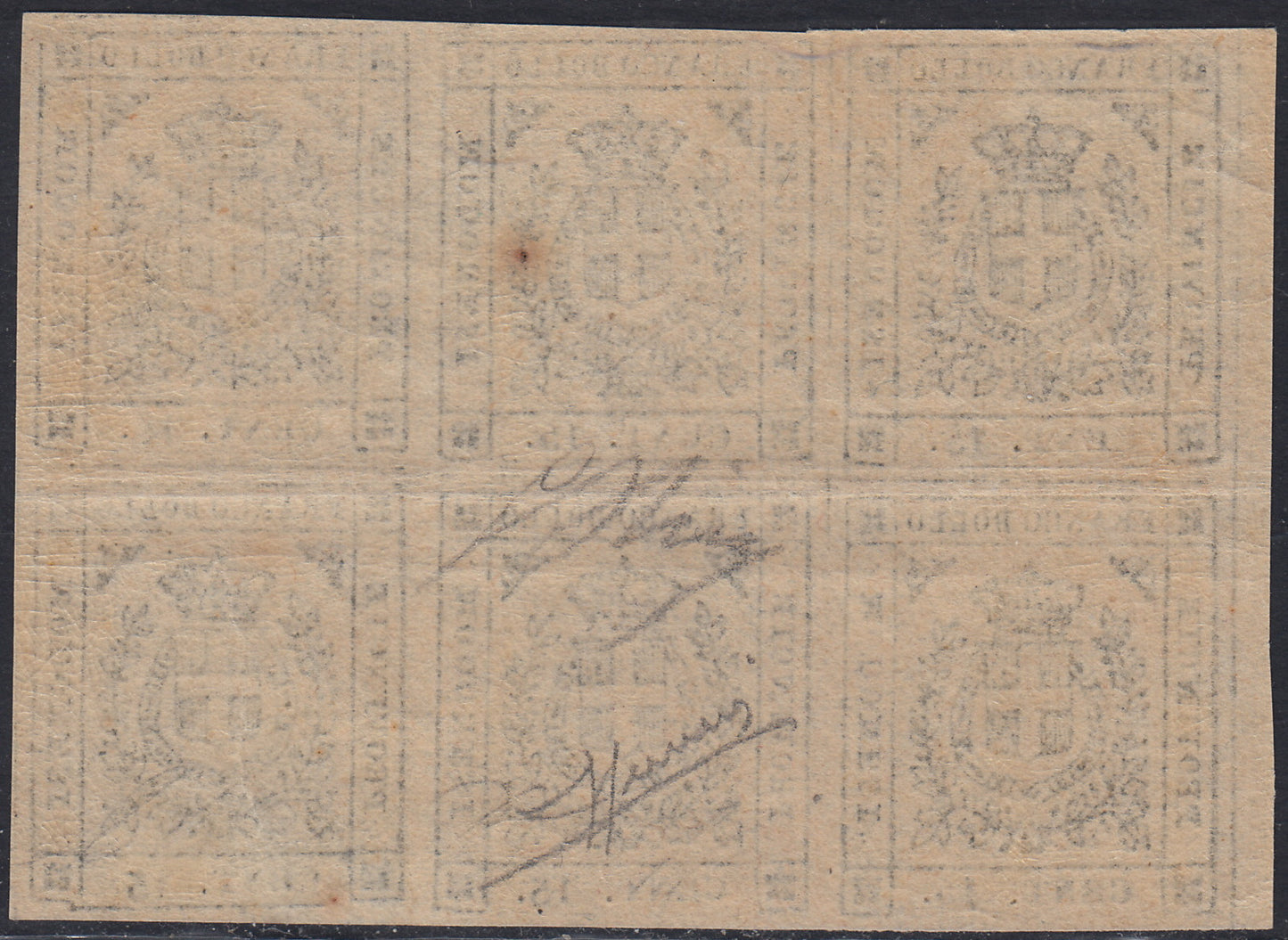 exFM21 - 1859 - Scudo di Savoia sormontato da corona reale, c. 15 grigio blocco di sei esemplari nuovo con gomma, quattro integri (14)