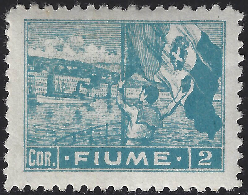 Fiume14 - 1919 - Allegorie e Vedute, 2 corone cobalto carta tipo C nuovo con gomma originale, varietà di dentellatura 10 1/2 (45/I)