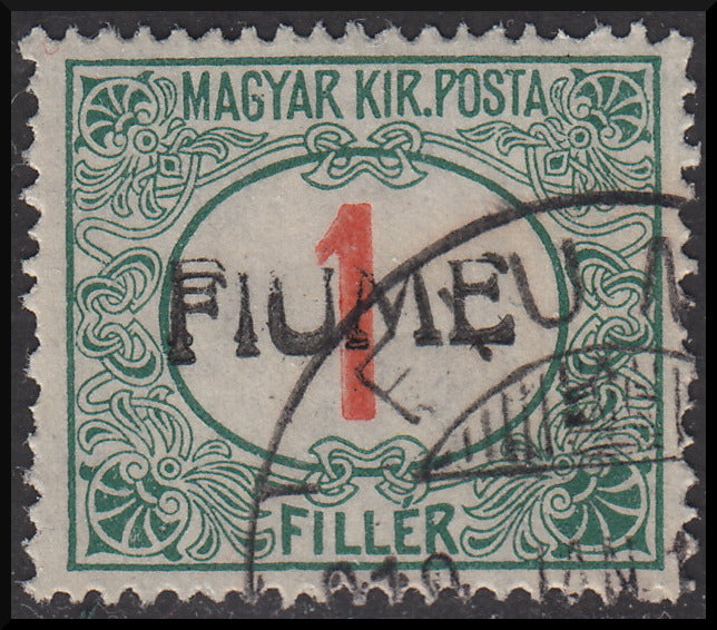 Fiume225 - 1918 - Segnatasse d'Ungheria 1 filler rosso e verde con doppia soprastampa FIUME a mano del II tipo usato (4/IIb).