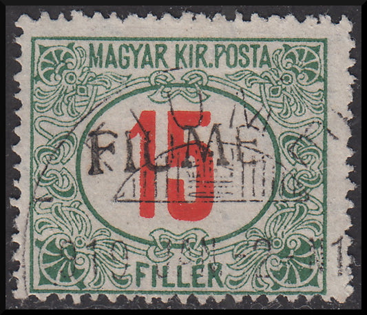 Fiume226 - 1918 - Segnatasse d'Ungheria 15 filler rosso e verde con soprastampa FIUME a mano del II tipo obliqua, usato (10/IIaaa).