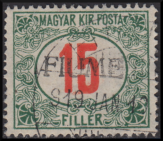 Fiume228 - 1918 - Segnatasse d'Ungheria 15 filler rosso e verde con soprastampa FIUME a mano del II tipo evanescente e obliqua, usato (10/IIad).