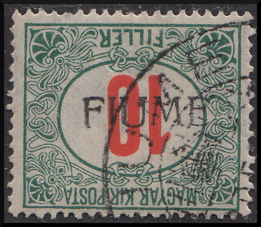 Fiume229 - 1918 - Segnatasse d'Ungheria 10 filler rosso e verde con soprastampa FIUME a mano del II tipo capovolta, usato (8/IIa).