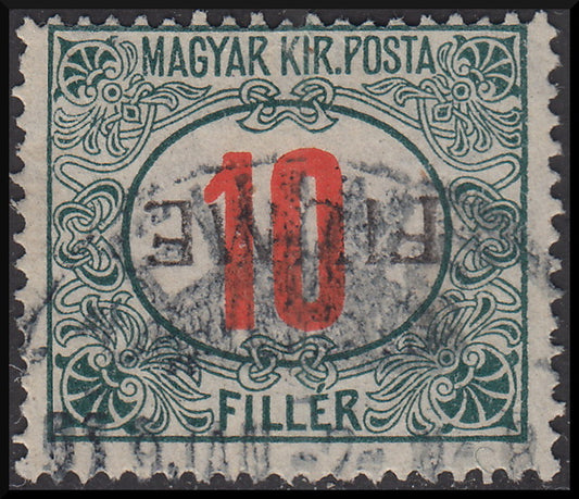 Fiume232 - 1918 - Segnatasse d'Ungheria 10 filler rosso e verde con soprastampa FIUME a mano del IV tipo capovolta, usato (8/IVa).