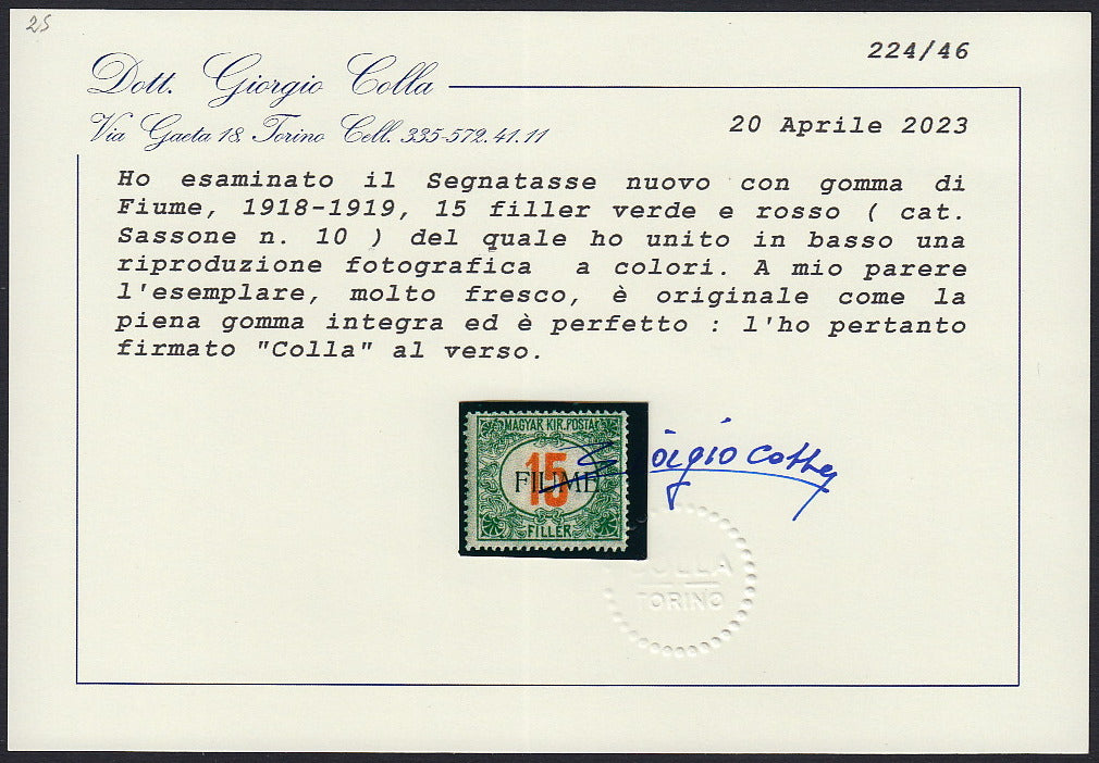Fiume431 - 1918 - Segnatasse di Ungheria 15 filler verde e rosso con soprastampa FIUME a macchina nuovo gomma integra (10)