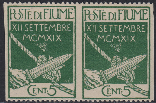 Fiume566 - 1920 - Legionari di Fiume cc. 5 verde coppia orizzontale non dentellata verticalmente nuova con gomma originale (127e)