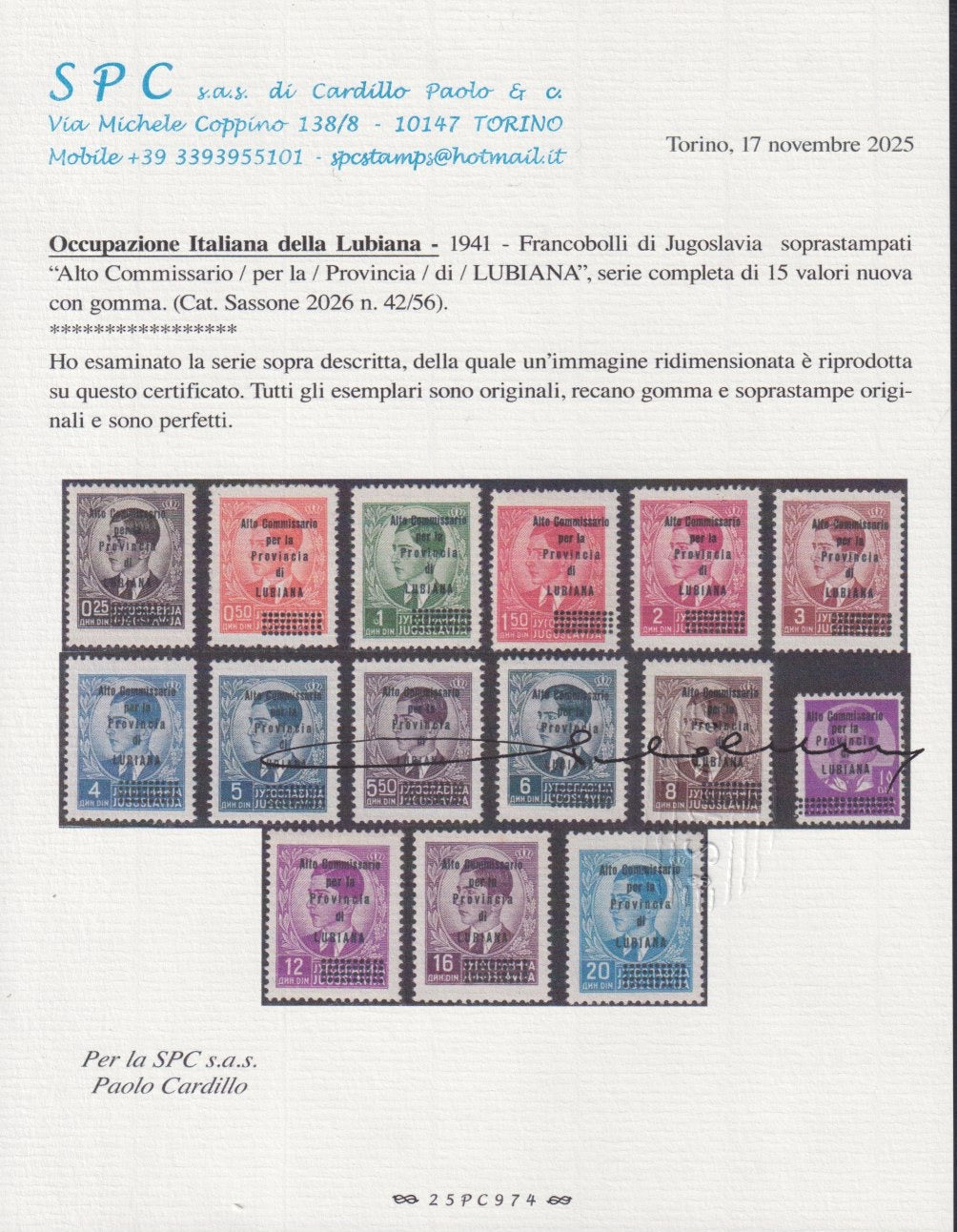 Lub69 - 1941 - Italian occupation of Ljubljana, set of 15 stamps with overprint "High Commissioner / for the / province / of / LJUBLJANA" new with original gum (42/56).