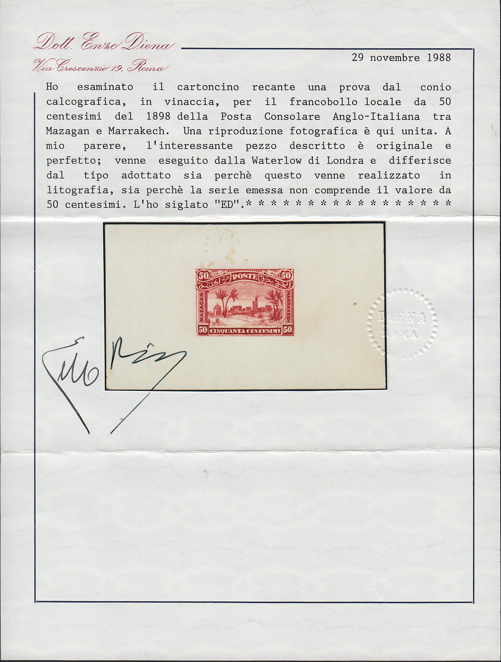 MAR10 - 1898 - Prove litografiche per i francobolli locali ad uso del servizio della Posta Consolare Anglo-Italiana tra Mazagan e Marrakech, 50c. rosa foglietto su carta sottile nuovo non gommato (CEI P4a)