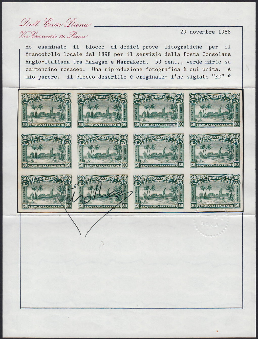 F6_214 - 1898 - Lithographic proofs for local stamps for use by the Anglo-Italian Consular Post service between Mazagan and Marrakech, 5c. Ultramarine on thin paper, 25c. Olive green and 50c. Myrtle green on pink cardboard, new, not gummed.