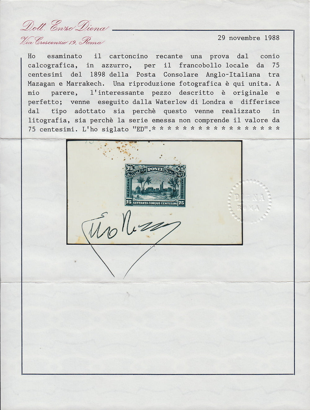 MAR9 - 1898 - Prove litografiche per i francobolli locali ad uso del servizio della Posta Consolare Anglo-Italiana tra Mazagan e Marrakech, 75c. azzurro foglietto su carta sottile nuovo non gommato (CEI P5a)