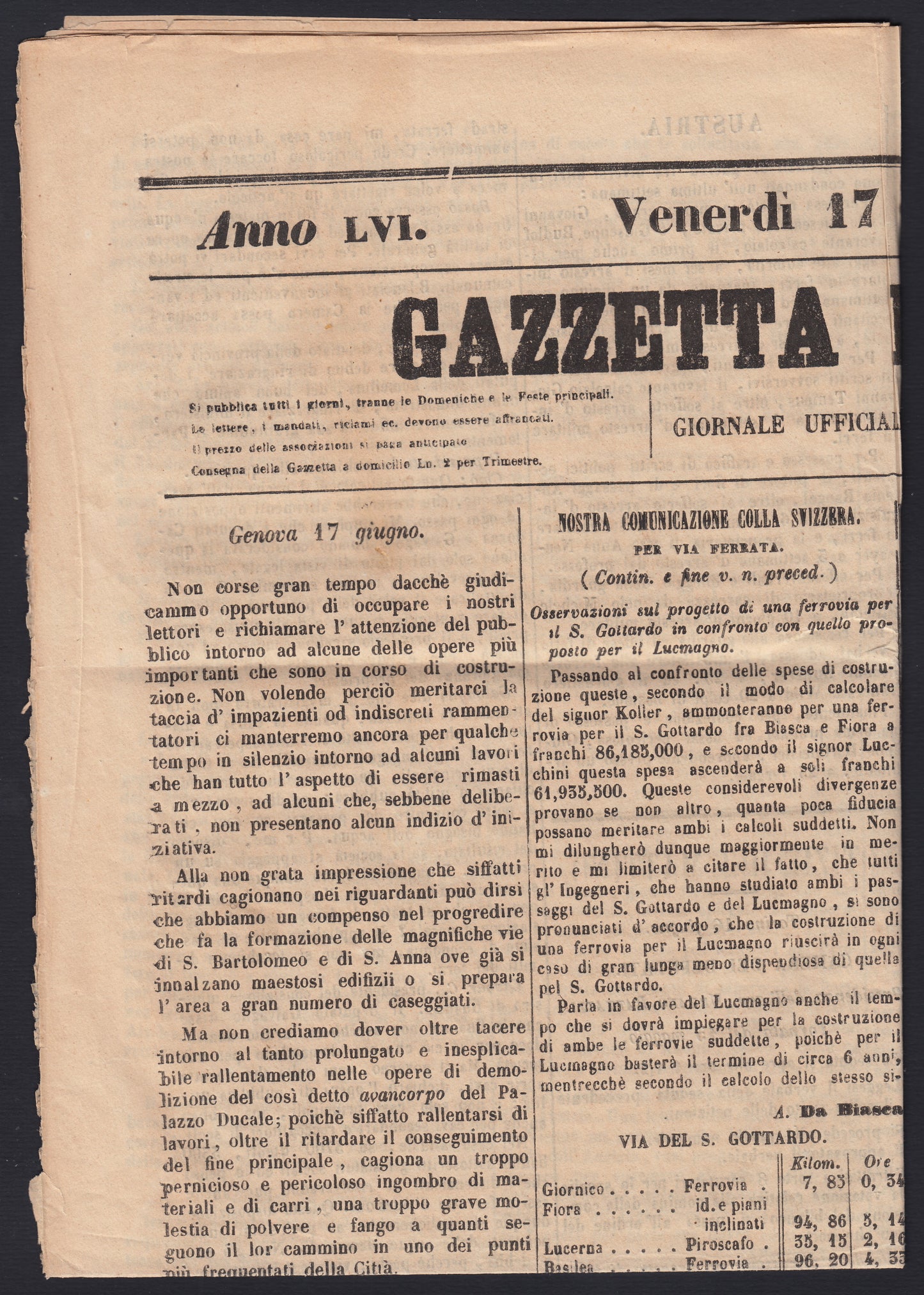 MSP22 - 1853 - "Gazzetta di Genova" newspaper dated 17/6/53 stamped with BG Cen.9 lilac gray (2)