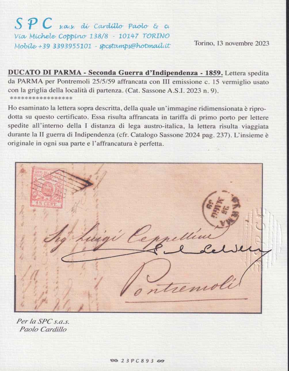 PARSP14 - 1859 - III emissione c.15 vermiglio su lettera da Parma a Pontremoli 25/5/59, periodo di guerra (9)