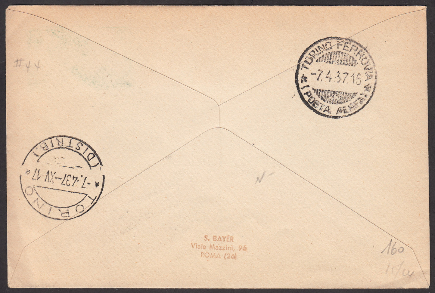 1937 - First flight Paris - Turin - 7/4/37 with French stamps, directed to Alberto Bolaffi Senior