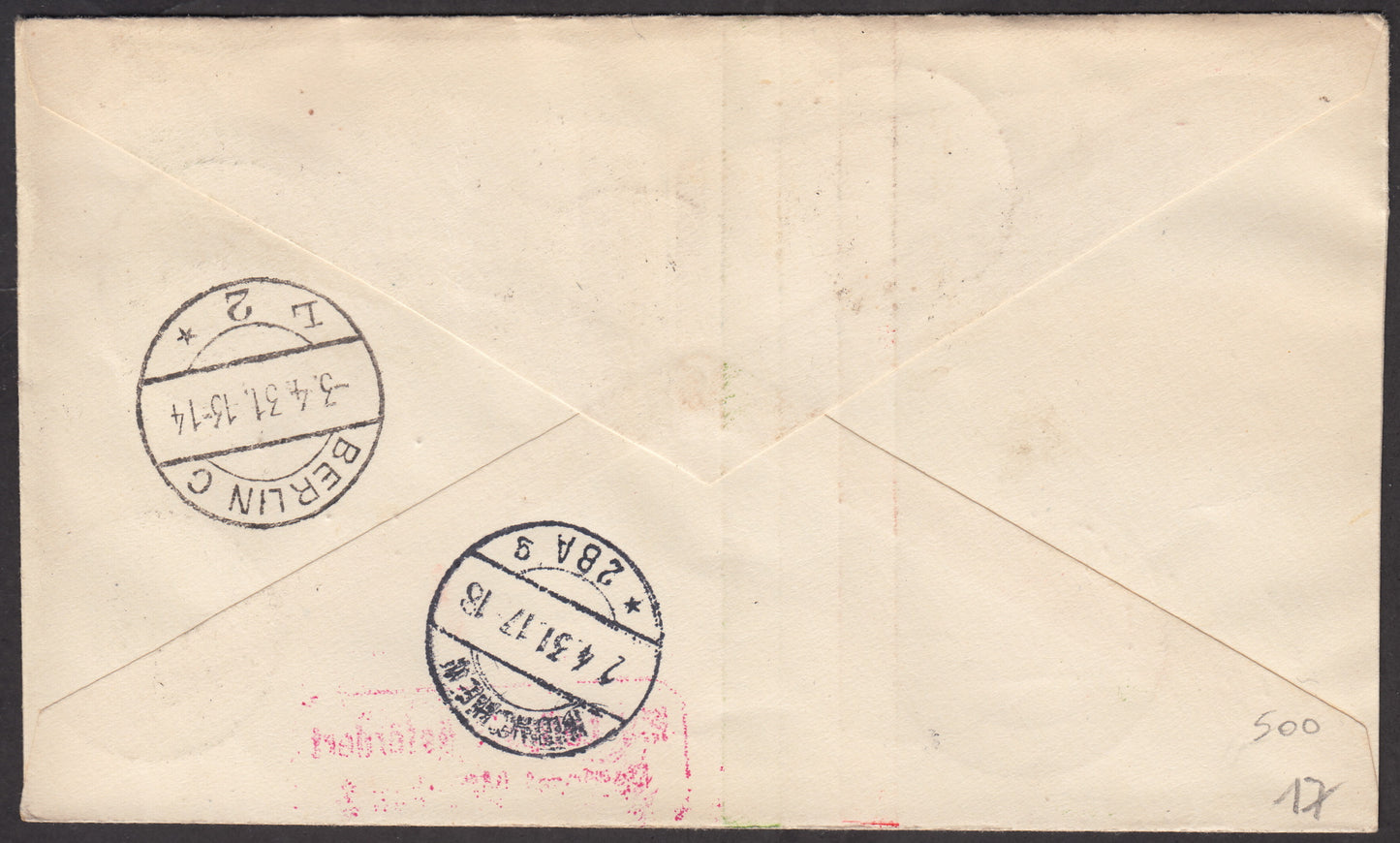 1931 - First flight Trento - Berlin 2/4/31 stamped with S. Antonio c. 25 green + PAL 1 violet two copies (293 + A14)