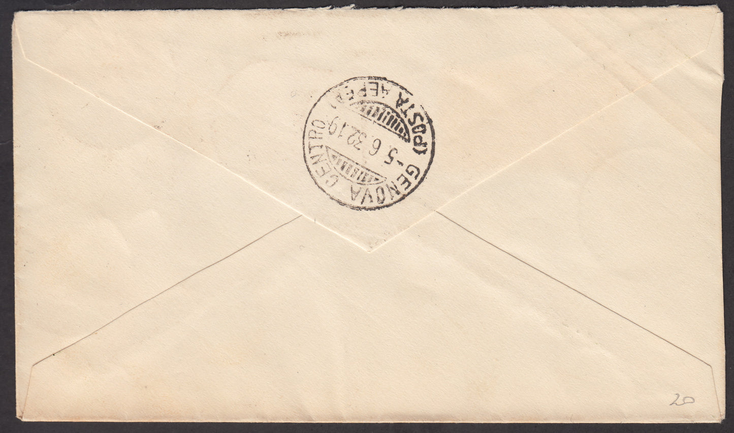 1932 - Airmail, Rome-Genoa 5/6/32 with Imperiale c. 20 carmine two copies + Dante c. 20 carmine, twin values (247+ 305)