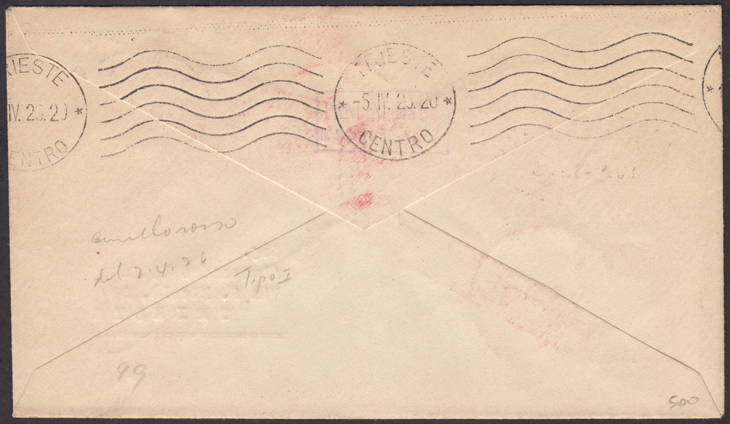 1926 - Primo servizio postale aereo 1/4/1926 Venezia-Trieste con francescano c. 60 carminio + Posta Aerea c. 60 grigio (195 + PA3)