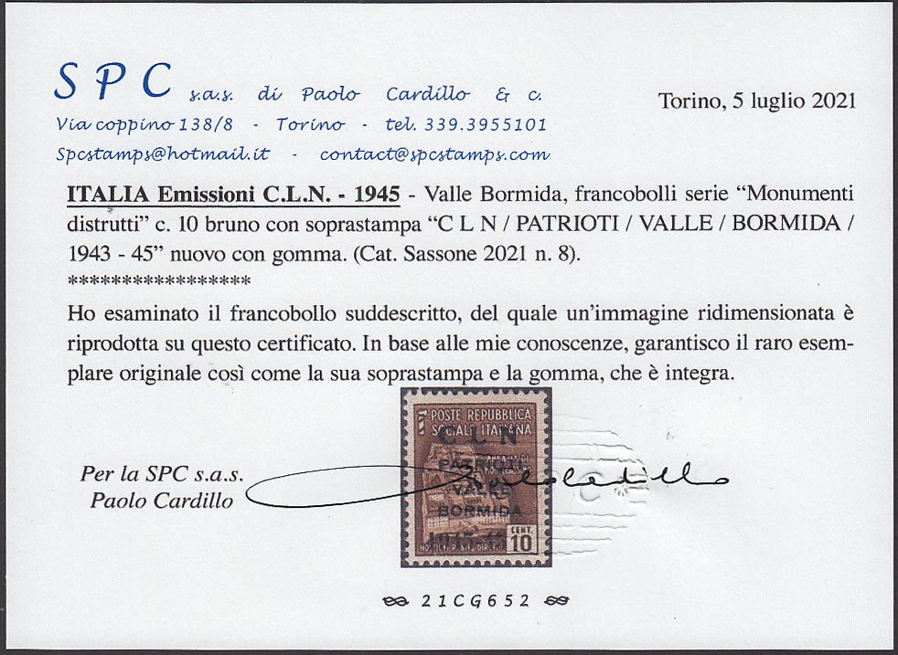 PP343 - 1945 - Monumenti distrutti, c. 10 bruno con soprastampa "CLN / PATRIOTI / VALLE / BORMIDA / 1943-45" in nero, nuovo con gomma integra.(8)