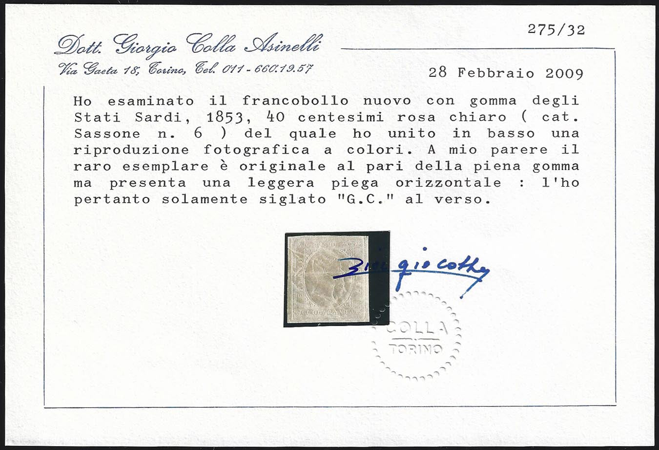 PP539 - 1853 - Sardinia II issue c. 40 new light pink with original rubber (6).