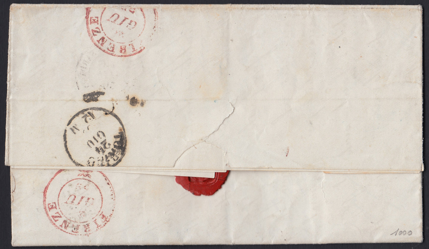 Pref7 - 1859 - Letter sent from Calcinate to Florence 22/6/59, unstamped, canceled by Sardinian Military Post Headquarters (P.ti 8)