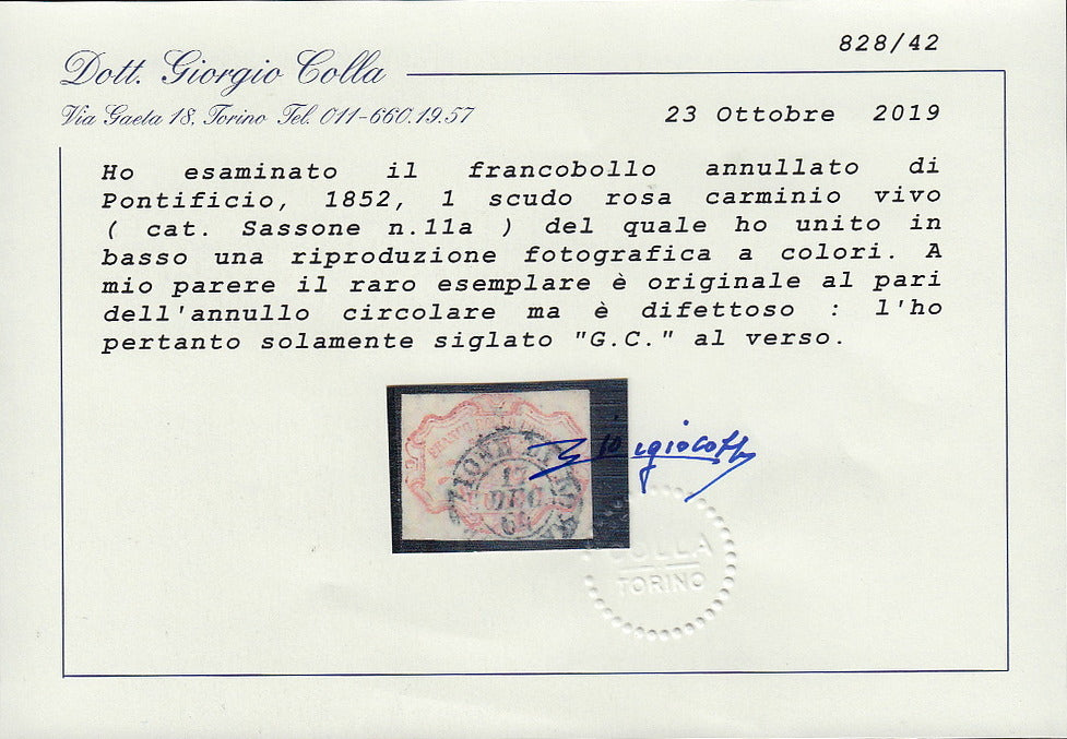 PV1251 - 1852 - Stemma pontificio, 1 scudo carminio usato con annullo circolare DIrezione di Roma 17/12/64 (11)