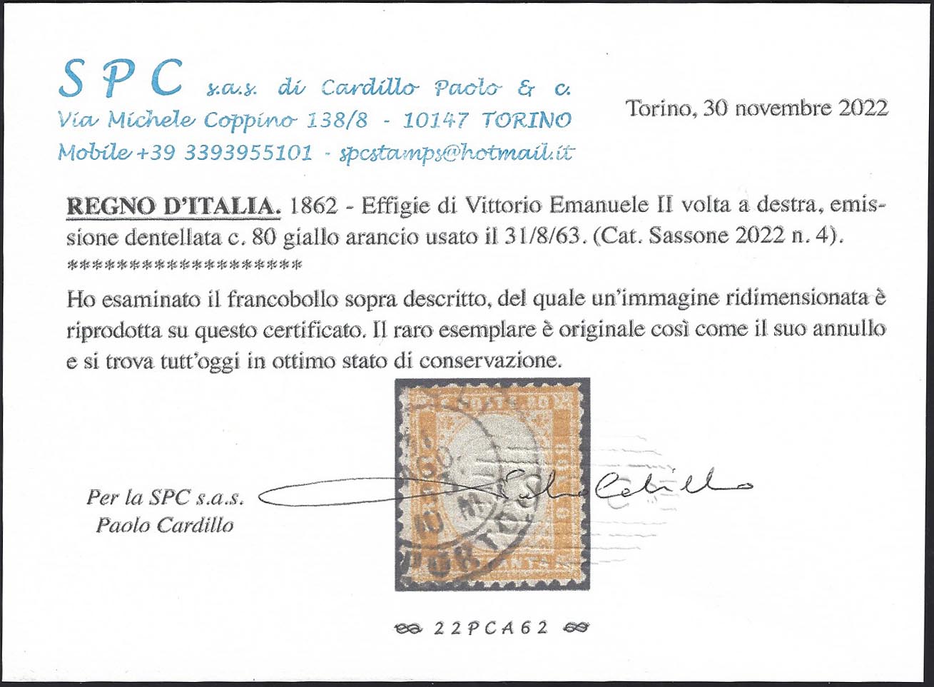 1862 - Perforated issue, c. 80 yellow orange used with Naples Porto postmark (4).