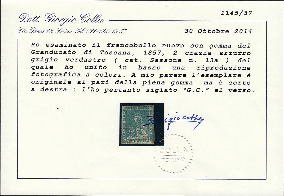 PPP449 - 1851 Leone di Marzocco, 2 light blue crazie on gray paper and crown watermark, used (5d)