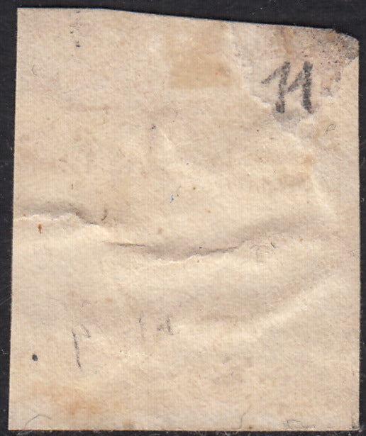 PV60_483 - 1858 - Stemma delle Due Sicilie, 1 grano carminio vivo II tavola usato a cerchio, raro! (4b)