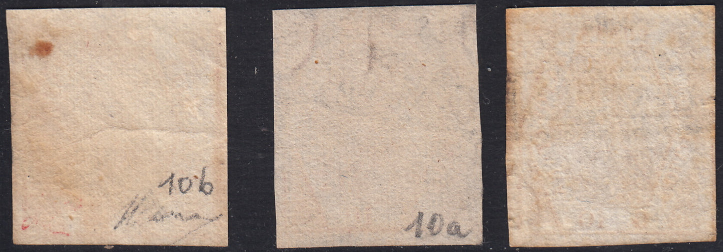 PV60_534 - 1858 - Stemma delle Due Sicilie, 10 grana I tavola nei tre colori catalogati usati (10, 10a, 10b)
