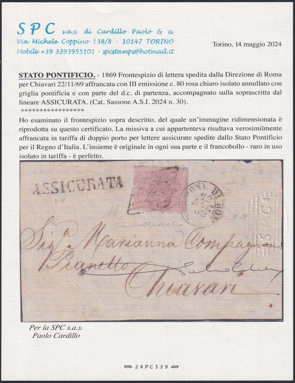 PontSP63 - 1869 - Fronte di Lettera assicurata da direzione di Roma per Chiavari 22/7/69 affrancata con c. 80 rosa chiaro isolato (30).