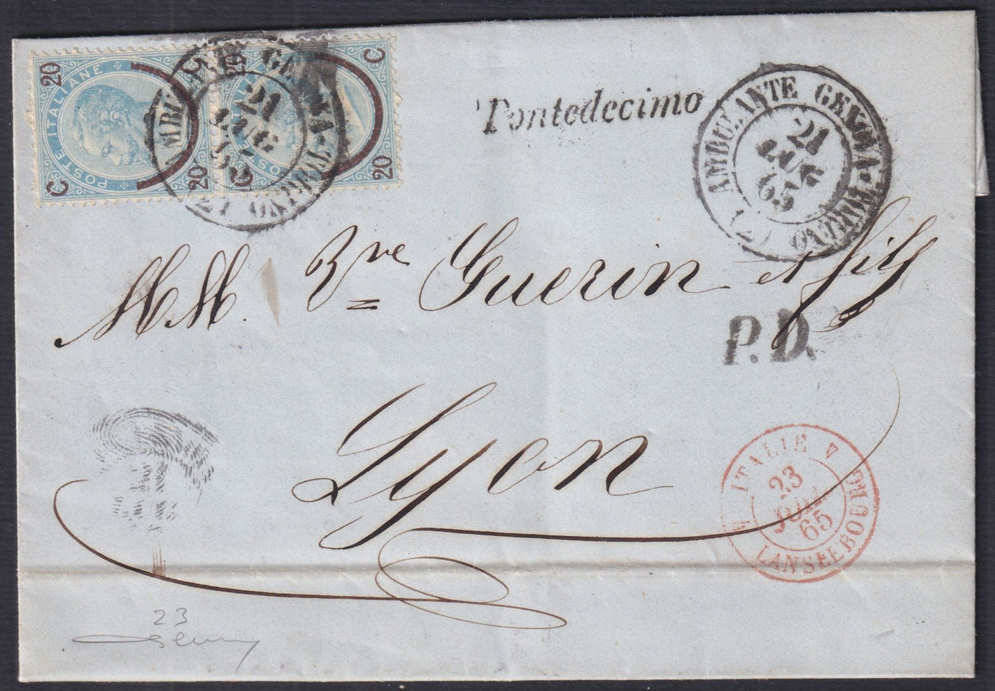 Pontedecimo - 1865 - Lettera spedita da Pontedecimo per Lione 21/7/65 inoltrata con ferrovia Ambulante Genova-Torino (2) e affrancata con c. 20 su c. 15 celeste I tipo (23).