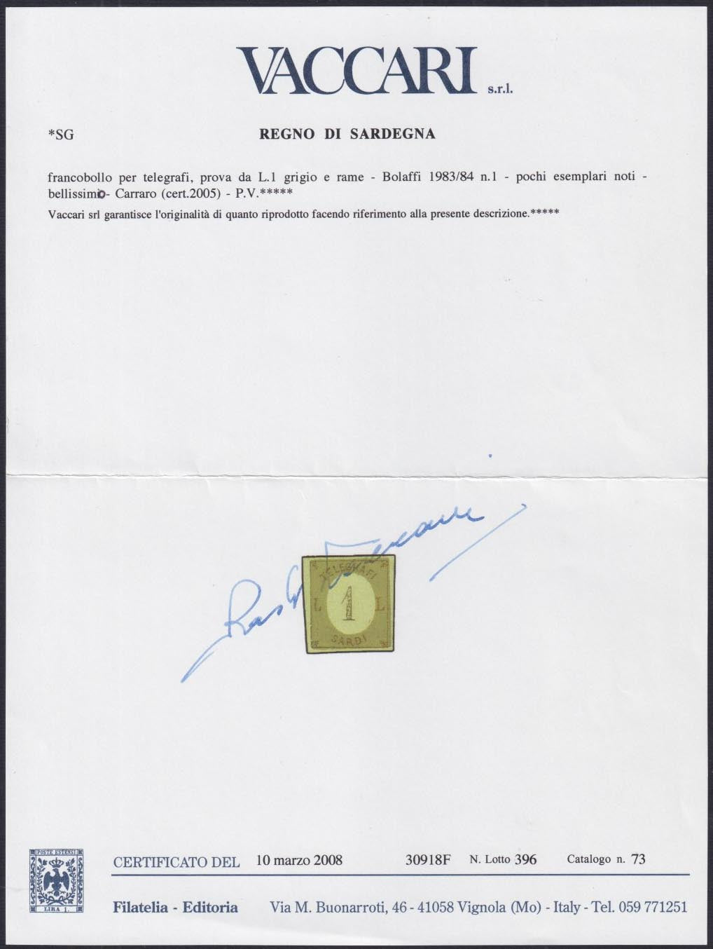 Prova1 - 1854 - TELEGRAFI SARDI, su fondo della III emissione I composizione su cartoncino, L.1 rame e verde chiaro nuovo non gommato (S5)