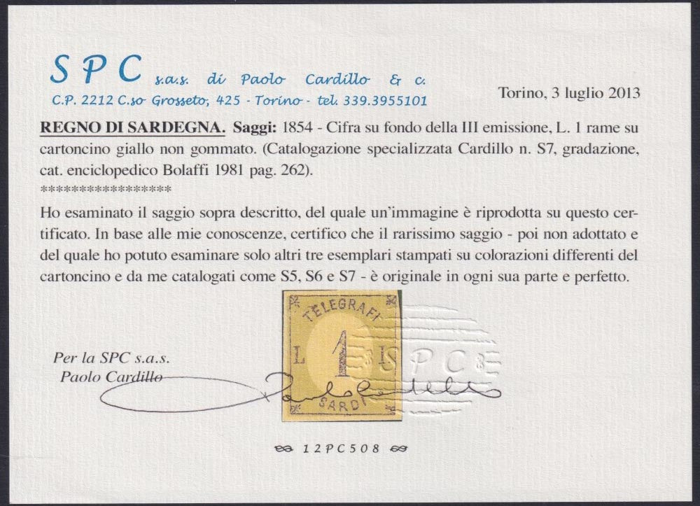 SARD261 - 1854 - III issue c. 20 gold, color proof of the II composition, new, not gummed (P37a)